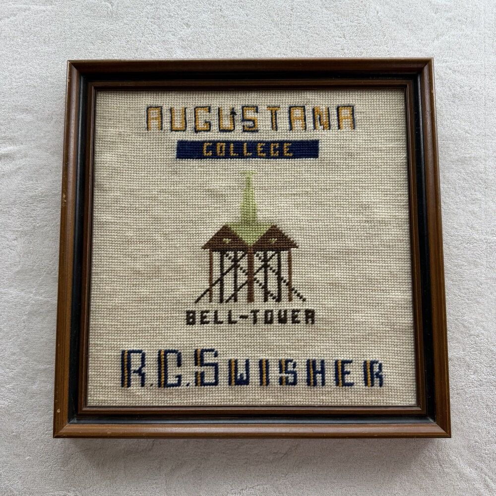 Vintage Augustana College Bell Tower Cross Stitch Framed Wall Decor Illinois